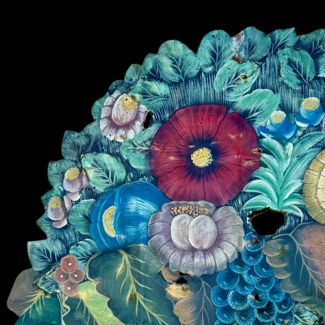 Vintage Toleware Large Hand-Painted Floral & Fruit Basket Fire Screen / Dummy Board For Sale - Image 4 of 8