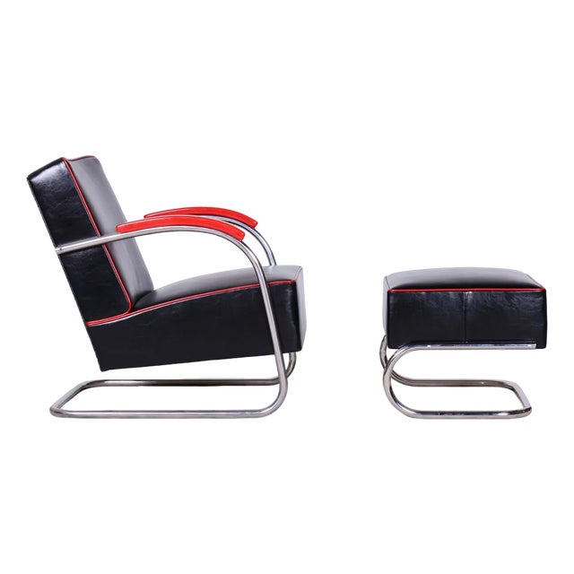 Set of Bauhaus Lounge Chair with Footstool attributed to Mücke-Melder, Former Czechoslovakia, 1930s For Sale