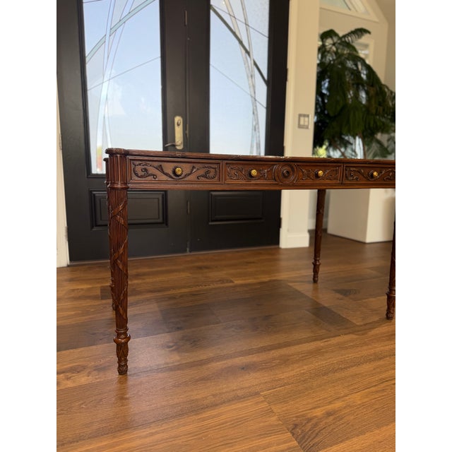 Maitland - Smith 1980s Maitland-Smith Carved Mahogany Leather Top Writing Desk For Sale - Image 4 of 16