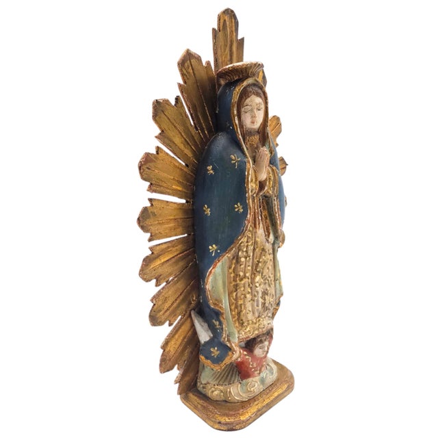 Mexican Mid-Century Mexican Our Lady of Guadalupe Carved Wood Devotional With Gilt Sunburst, 9" For Sale - Image 3 of 10