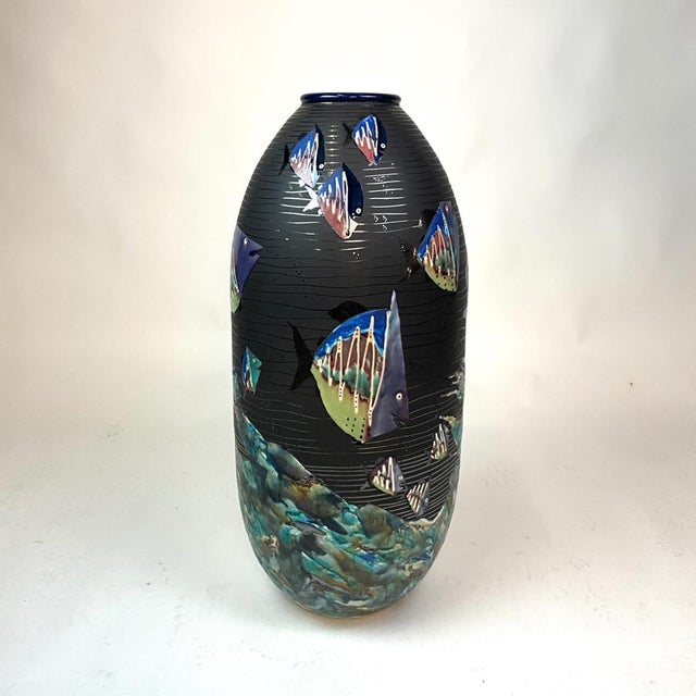 Large Studio Art Pottery Vase by Michael Alvord Remsen, Fish Motif, Signed 1998 For Sale - Image 6 of 6