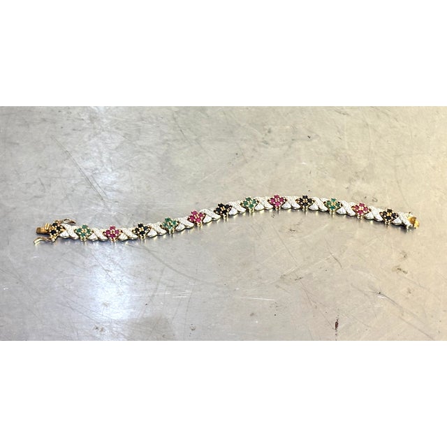 Gold-Tone Sterling Silver Tennis Bracelet W/ Diamonds, Rubies & Emera For Sale - Image 6 of 6