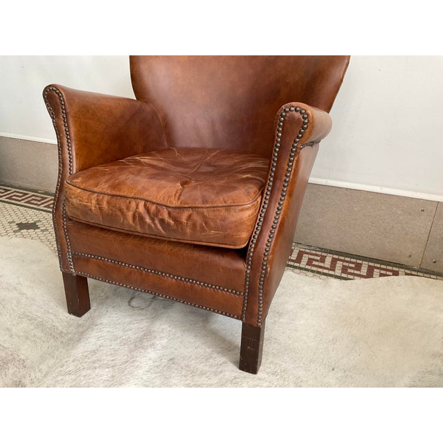 Wood Vintage Distressed Brown Leather Club Chair For Sale - Image 7 of 17