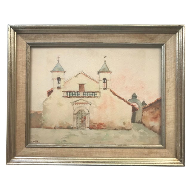 Vintage 1960s Original Watercolor Painting of Spanish Mexican Mission, Signed S. Ortiz, Framed For Sale