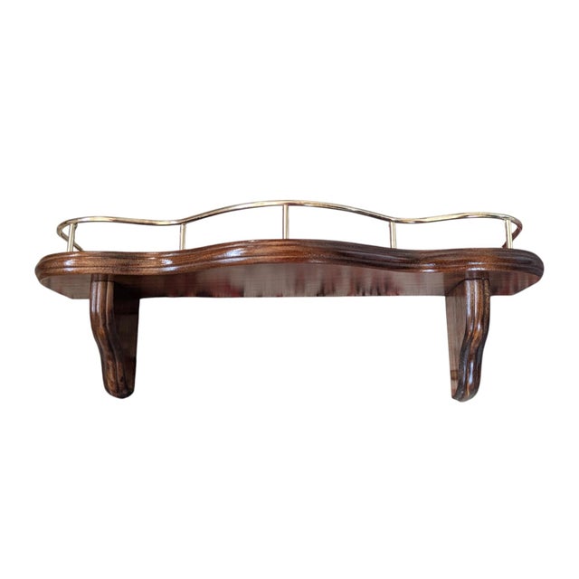 Vintage Wooden Wall Shelf With Brass Railing For Sale - Image 4 of 14