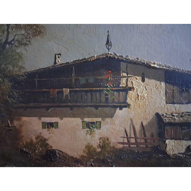 1920s Gustav Weiss Swiss Alpine Village Misty Mountain Peaks Oil Painting For Sale - Image 5 of 8