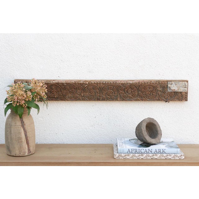 Brown Antique Wabi Sabi Carved Lintel W/Metal Plate For Sale - Image 8 of 8
