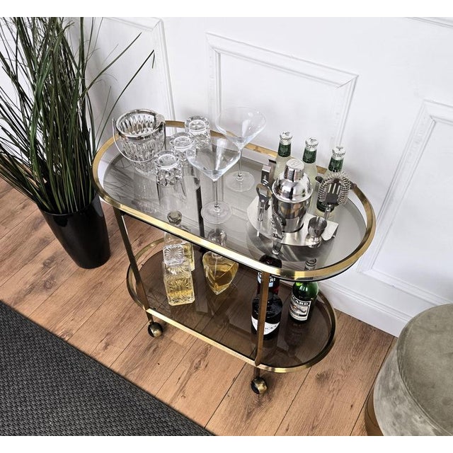 Milo Baughman Italian Two-Tier Brass and Glass Bar Cart with Dark Glass Top by Milo Baughman, 1970s For Sale - Image 4 of 9