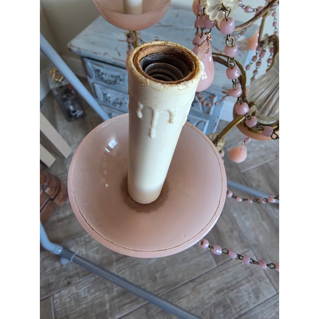 Gorgeous vintage pink opaline glass beaded chandelier with pink glass drops.