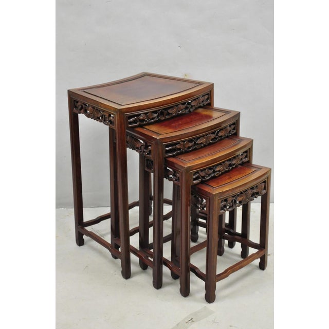 Vintage Chinese Carved Hardwood Curved Frame Nesting Side Tables - Set of 4 For Sale - Image 17 of 18