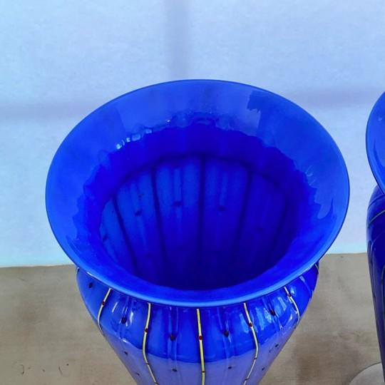 Pair of Vintage Handblown Italian Royal Blue Ribbed Dotted Stripe Art Glass Mantle Vases For Sale - Image 4 of 12