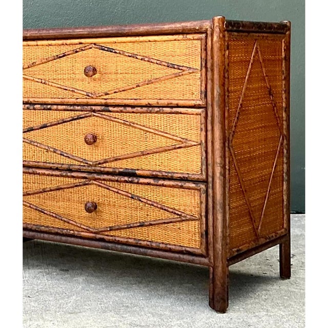 Late 20th Century Vintage Diamond Rattan and Wood Six-Drawer Dresser For Sale - Image 5 of 12