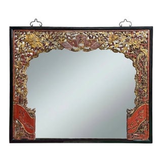 85" X 71" Chinese Red Golden Relief Carving Wood Frame Wall Mirror For Sale