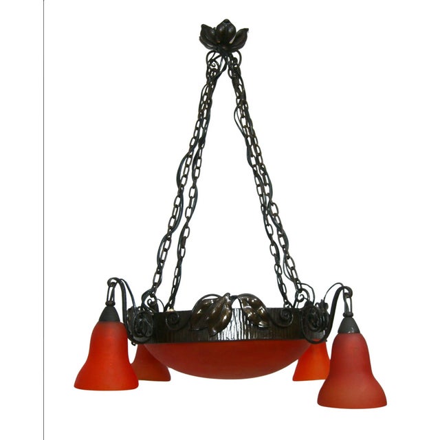 1980s French Art Deco Art Nouveau Pate de Verre Chandelier, 1980s For Sale - Image 5 of 12