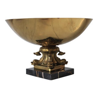 Vintage Brass Pedestal Bowl on Marble Base For Sale