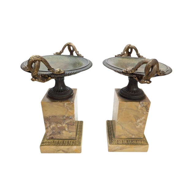 Traditional Pair of 19th-Century Bronze Tazzas Featuring Gilt Snake Handles and Siena Marble Stands For Sale - Image 3 of 16