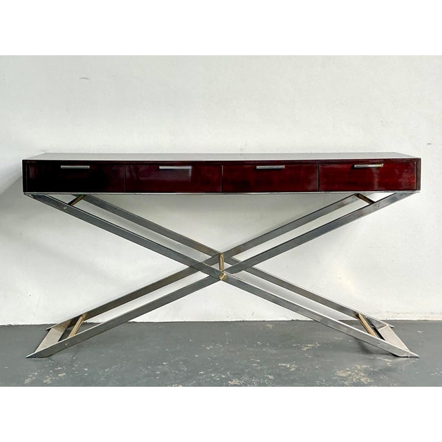 Brown Vintage Chrome and Wood Console Table With Brass Accents For Sale - Image 8 of 12
