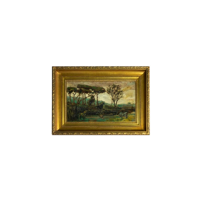 A bucolic 20th century oil on wood painting of a cow by the river marked "Mello" by the portuguese painter Agostinho Mello...