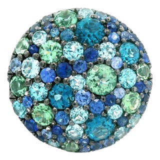 Blue Topaz Green Sapphire Diamond 18k White Gold Ring, Size 6.5 For Sale