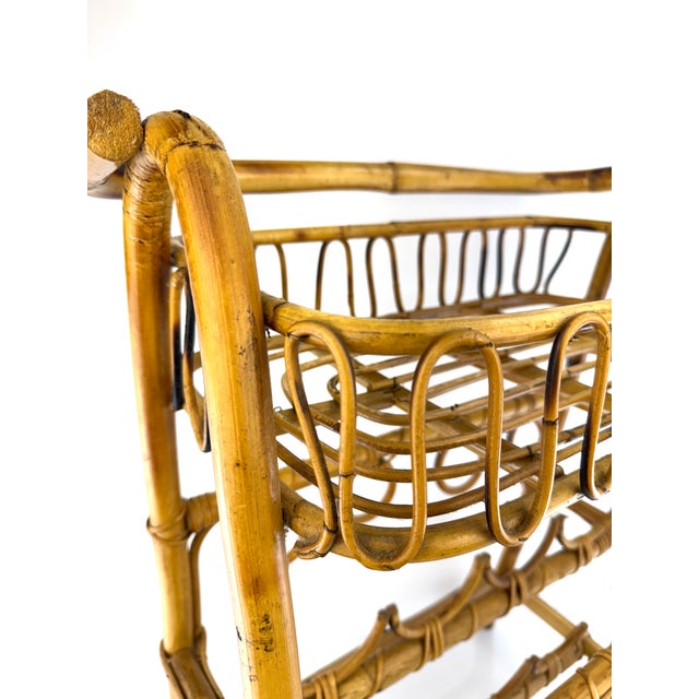 Vintage Mid Century Bamboo Rattan Bar Cart Rack Stand With Handles For Sale - Image 9 of 15