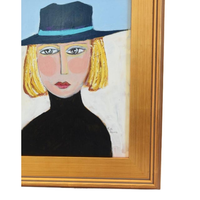 Original one-of-a-kind contemporary portrait oil painting on an artist's board of a chic French Mademoiselle with a black...