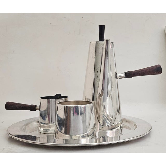 1950s 1950s Mid Century Modern P M Italy Silverplated Brass Coffee Pot, Creamer and Sugar Bowl, With Tray - 4 Piece Set For Sale - Image 5 of 15