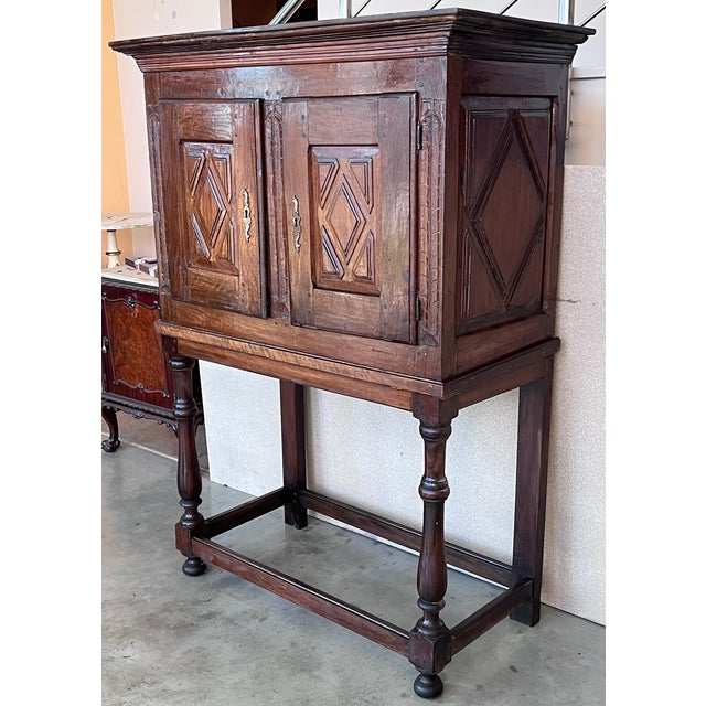 19th Catalan Spanish Cabinet on Stand in Carved Walnut and Iron Stretcher For Sale - Image 4 of 12