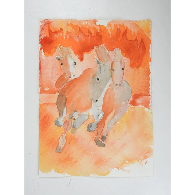 Vintage late 20th century watercolor on paper painting. Abstract running horses in orange. Unsigned. Unframed, unevenly...