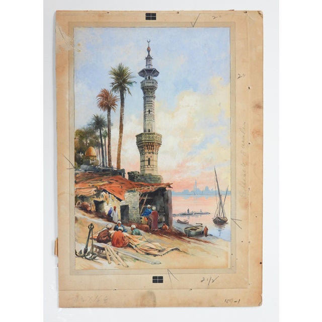 Early 20th Century Levant Minaret Harbor Scene Painting For Sale In Seattle - Image 6 of 7