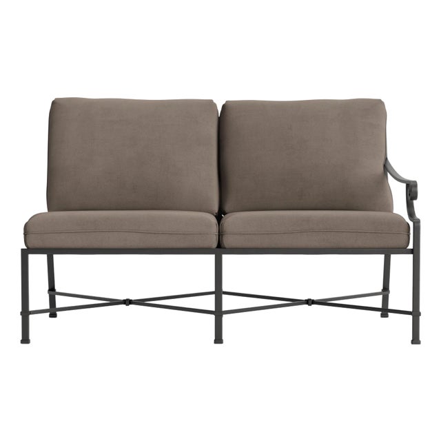 Brown Jordan Venetian Right Arm Loveseat, Textured Pewter frame with Fusion Taupe fabric For Sale