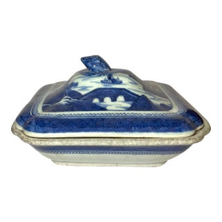 18th Century Chinese Export Blue White Canton Ware Covered Dish For Sale