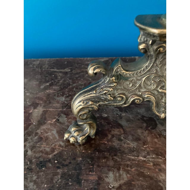 Antique Pair French Neoclassical Brass Andirons — Fluted Column, Lion Paw Feet For Sale - Image 12 of 12