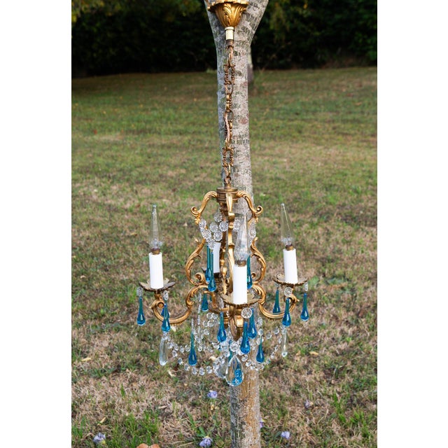 Antique French Chandelier in Bronze Drops Murano Blue, 1950 For Sale - Image 9 of 12