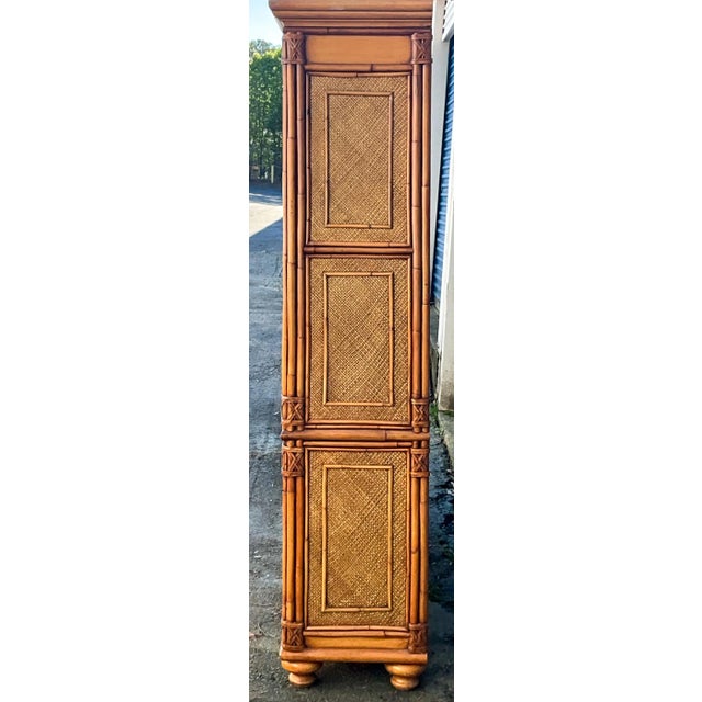 Wood 1980s Regency Coastal Style Faux Bamboo Fruitwood Bookcases / Display Cabinets - S/2, Pair For Sale - Image 7 of 11