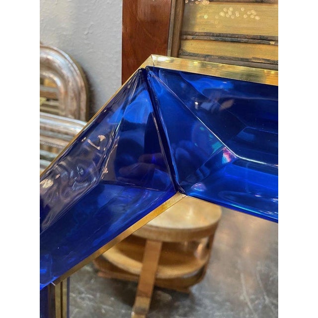 Early 21st Century Large Scale Blue Murano Glass and Brass Mirror For Sale - Image 5 of 7