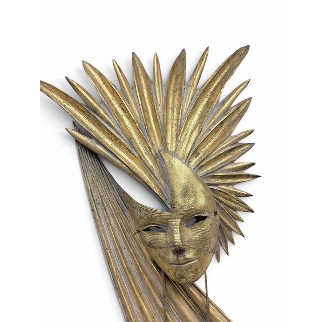 Vintage Evelyn Lino Brutalist Gold Starburst Mask Wall Sculpture For Sale - Image 4 of 7