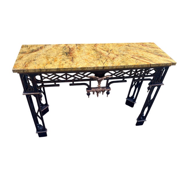 Black 1990s Chinese Chippendale Chinoserie Faux Marble Top Console / Sofa Tables a Pair For Sale - Image 8 of 18
