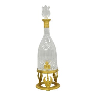 Vintage French Baccarat Style Bronze Swan & Cut Crystal Glass Liquor Decanter For Sale