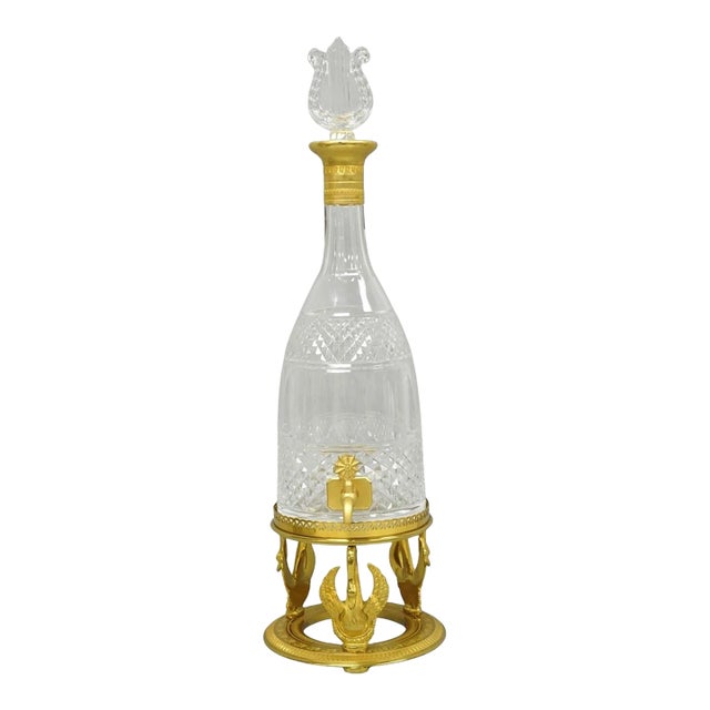 Vintage French Baccarat Style Bronze Swan & Cut Crystal Glass Liquor Decanter For Sale