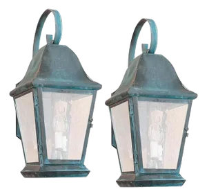 Pair of Rustic European Style Valencia Lantern Sconces in Patina Verde