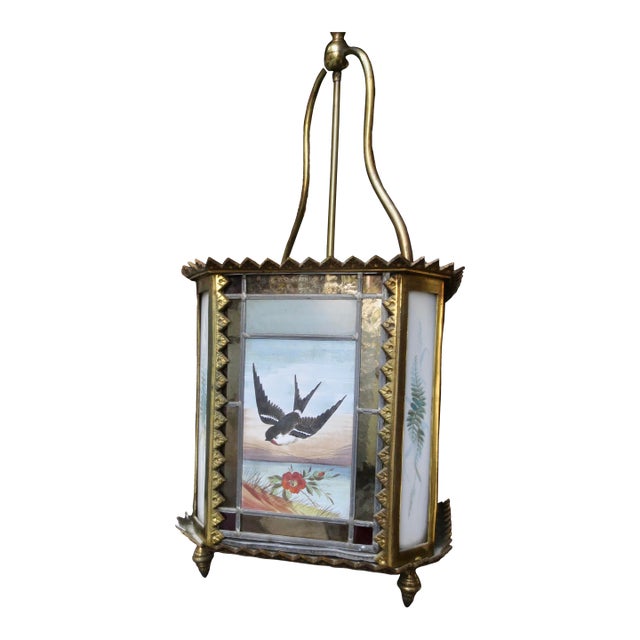 1900s Arts and Crafts Stain Glass Lantern Birds For Sale