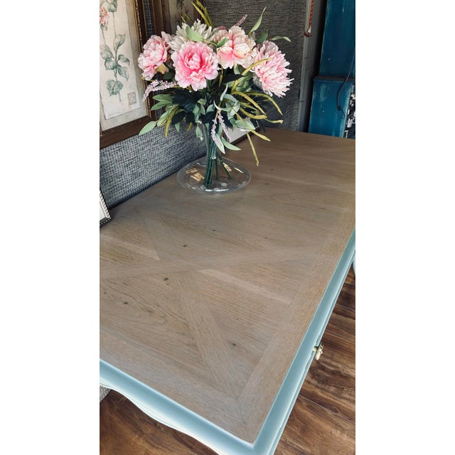 Turquoise Mid-Century Louis XV Style Refinished Teal-Turquoise Solid Wood 3-Drawer Desk For Sale - Image 8 of 12