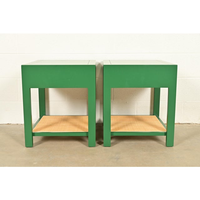 Michael Taylor for Baker Furniture Mid-Century Hollywood Regency Green Lacquer and Cane Campaign Nightstands, Newly Refinished For Sale - Image 13 of 15