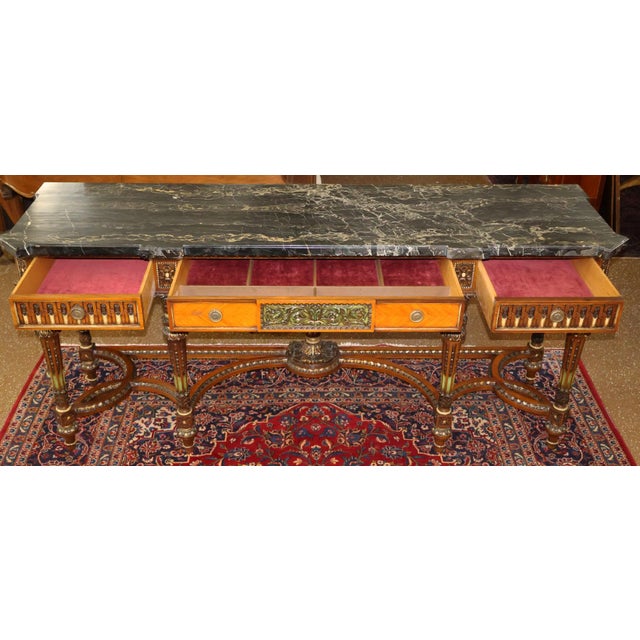 1920s French Louis XVI Style Marble Top Inlaid Satinwood & Walnut Buffet Sideboard For Sale - Image 16 of 18