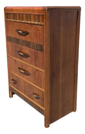 1930s Art Deco Waterfall Tallboy Dresser With Figured Wood