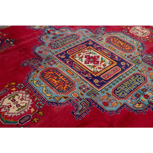Red Vintage Persian Tabriz Hand-Knotted Wool Rug With Medallion Motif For Sale - Image 4 of 10