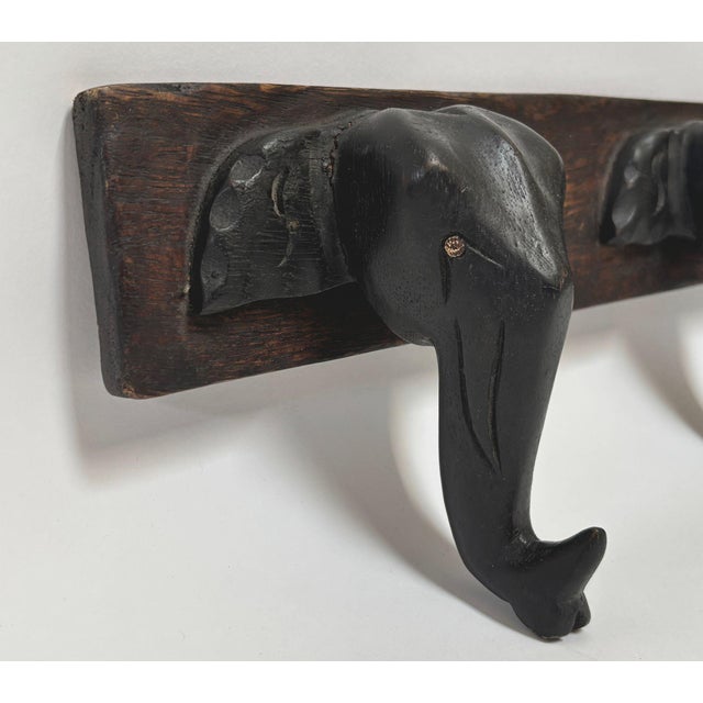 Hand-Carved Wooden Elephant Wall Coat Rack Triple Head Hooks Asian/African Style For Sale In Palm Springs - Image 6 of 12