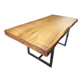 Mid-Century Modern Live Edge Soilid Slab with Chrome Base Monkey Pod Desk For Sale