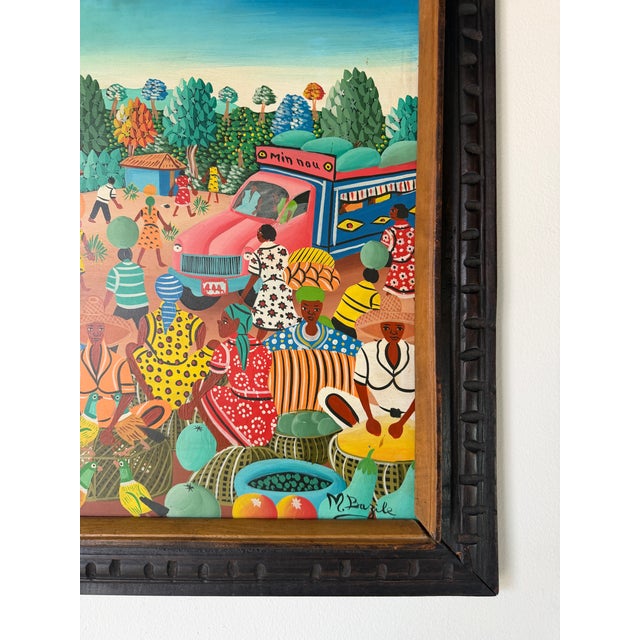Green M. Bazile Haitian Folk Art Market Scene Oil on Masonite Board – Framed For Sale - Image 8 of 12