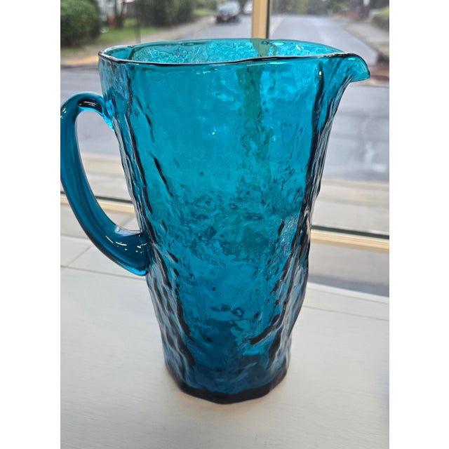 Vintage Peacock Blue Crackle Glass Pitcher For Sale - Image 4 of 6
